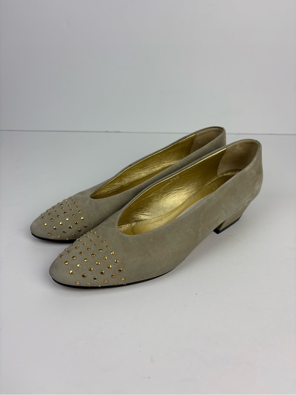 Joan & David Taupe Suede Flats with Gold Studs